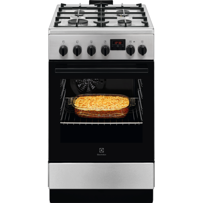 Aragaz Electrolux, Mixt, 4 arzatoare gaz, Gratare de fonta, Cuptor electric, Timer electronic, Grill electric, Clasa A, 50cm, culoare inox